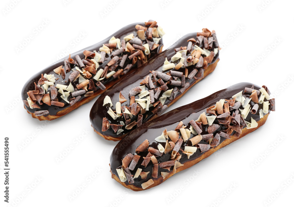Sweet chocolate eclairs isolated on white background