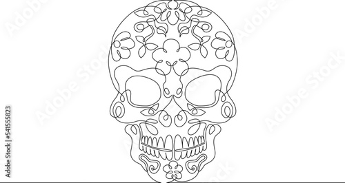 One continuous line. The day of the Dead. Sweet skull. Dia de Muertos. Halloween. Skull with flowers.One continuous line on a white background.