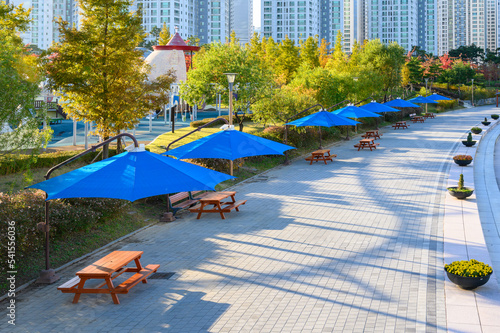 Park benches and awnings. Park shade umbrella.