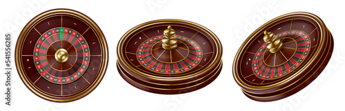 Roulette wheels. Casino entertainment 3d spin wheel, gambling equipment and fortune game vector Illustration set photo