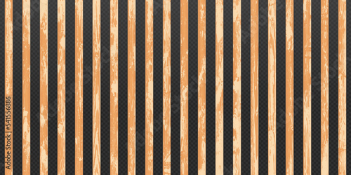 Vertical pattern of thin wooden textured lamellas with timber print. Fence made of oak lath. Screen with rustic effect. Natural hardwood background. Vector illustration. Exterior design