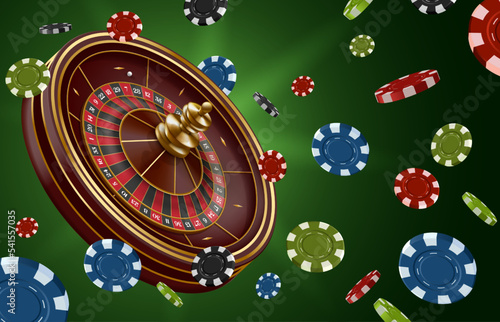 Roulette wheel banner. Gambling game with spin wheel and flying casino chips. Lucky chance game 3D vector Illustration