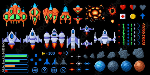 Pixel art space game elements. 8bit starships, asteroids and planets. Galaxy wars arcade assets vector set