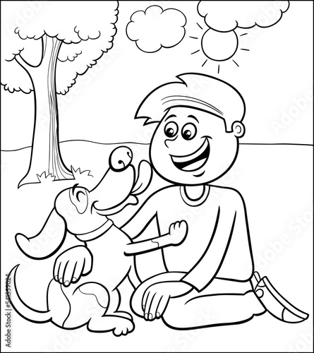 cartoon boy character with his cute dog coloring page