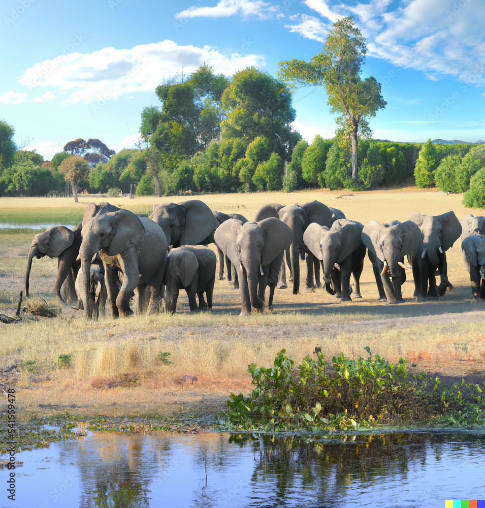 Obraz premium Elephants in a field next to a river