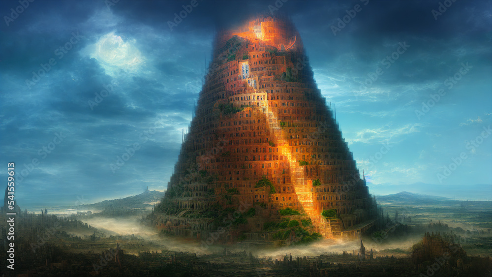 Painting of an epic giant old mystical tower, tower of babel, fantasy