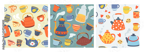 Teapots and cups pattern. Vintage teacups, decorative kettles and kitchen crockery seamless vector backgrounds set