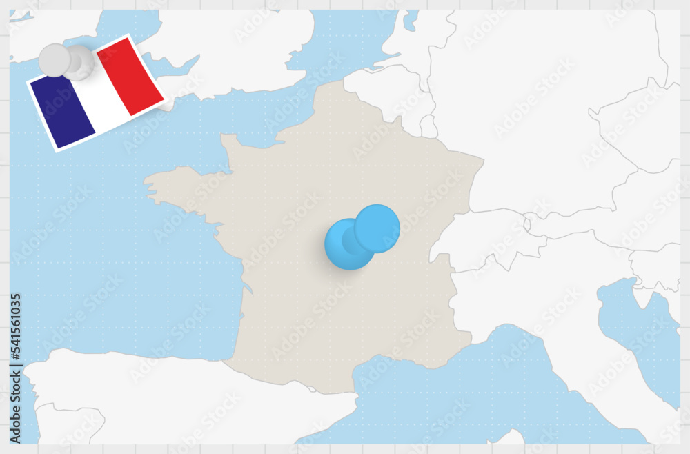 Map of France with a pinned blue pin. Pinned flag of France.