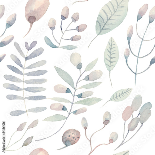 Herbal Watercolor pattern design with leaves and flowers Botanic flower and watercolor background in pastel colors on white