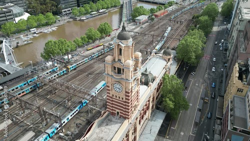 aerial view of flinders street railway station, decretive Victorian stile architecture , Melbourne Victoria Australia 