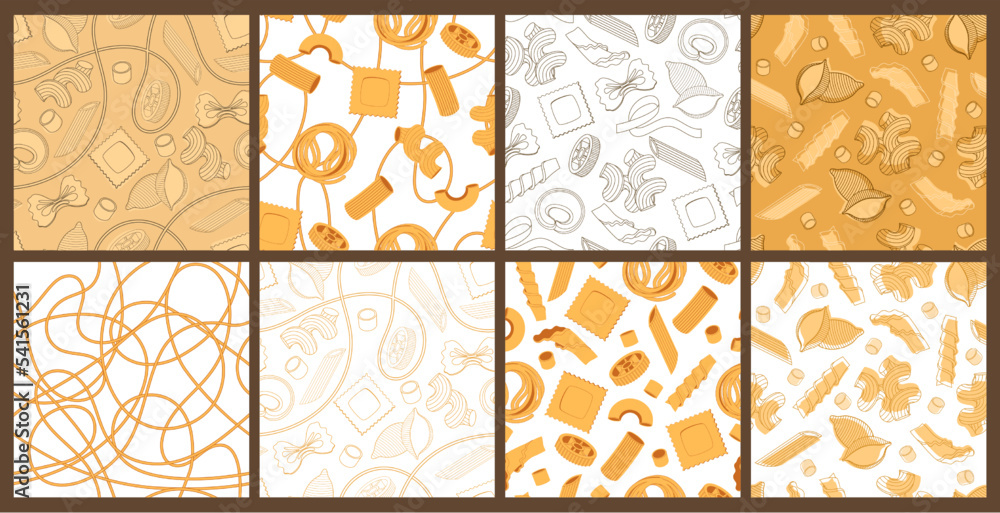 Italian pasta shapes patterns. Spaghetti, ravioli and farfalle backdrop