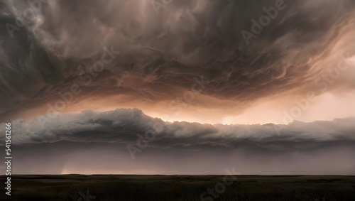 a supercell storm / thunderstorm with dark clouds and rain far away in the distance on an open farming field