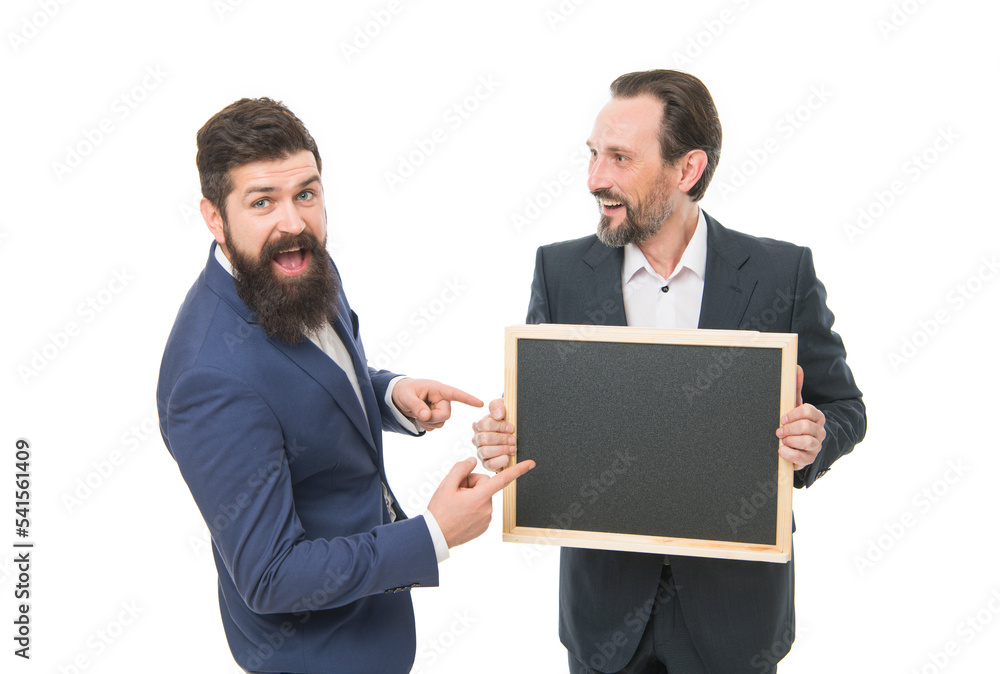 Official presentation. Men bearded guys wear formal clothes. Handsome business man hold blackboard. Men successful entrepreneurs. Business academy. Business people concept. Celebrating achievement Official presentation. Men bearded guys wear formal clothes. Handsome business man hold blackboard. Men successful entrepreneurs. Business academy. Business people concept. Celebrating achievement