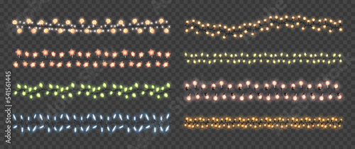 Yellow garlands. Christmas light bulbs, wire string lights and led garland with warm golden glow. Decorative lightings vector illustration set