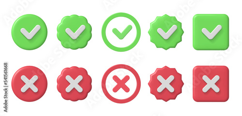 Checkmark 3d icons. Checklist green tick and red cross. Accepted and decline, true or false and verified sign vector set