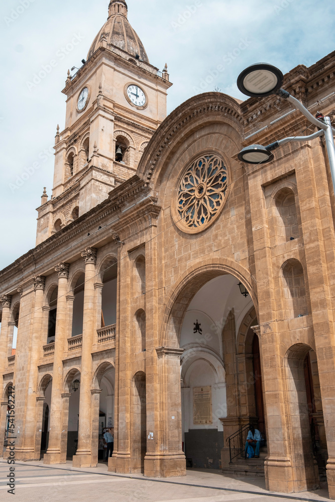 old cathedral with clock in cochamabamba city