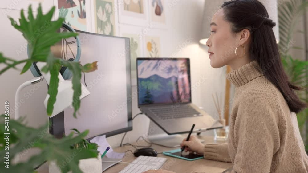 Retouching, editing and creative with a woman designer working on a computer in her office for design. Creativity, editor and graphic design with a female employee at work on a production project