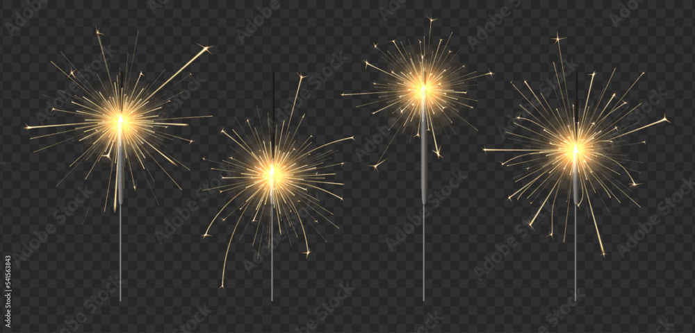 Naklejka premium New year sparkler candle. Bengal fire for winter holidays party, gold sparks and glow light effect vector set