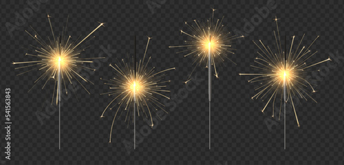 New year sparkler candle. Bengal fire for winter holidays party, gold sparks and glow light effect vector set