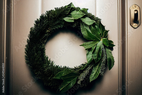Fir tree Christmas wreath with green leaves, digital art photo