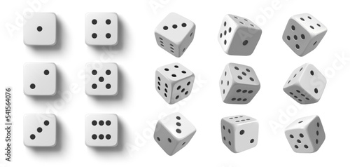 Rolling dice. White roll cubes for gamble games  top view dice sides and falling 3D angles lucky craps realistic vector objects set