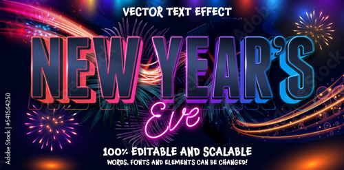 Happy new year Elegant gold text with fireworks, neon and light. Minimalistic text template. Colourful editable text bold effect