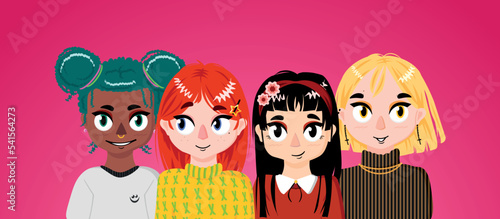 Vector illustration. Set of girls avatars. Girlfriends. Many people. Characters. People in a row. Various hairstyles and outfits.