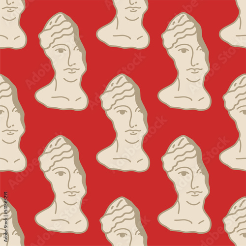 Ancient Greek Venus, seamless pattern. Greek Venus, Greek statue prints seamless pattern concept. Flat design, cartoon, vector illustration, red background.