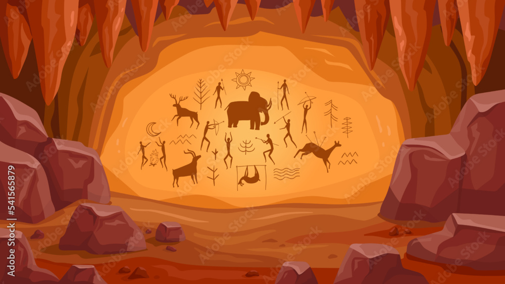 Prehistoric cave with paintings. Old cave drawings of primitive people, stone age art, ancient history and archeology vector Illustration - obrazy, fototapety, plakaty 
