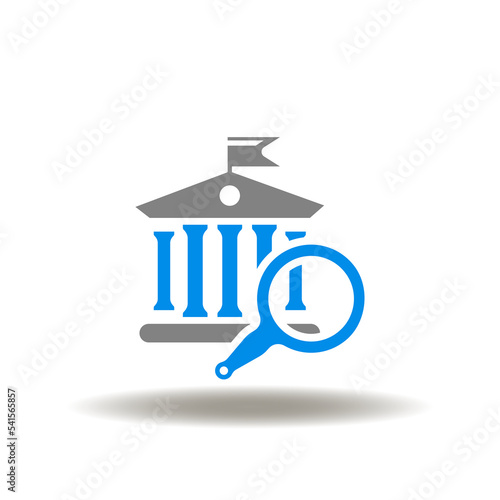 Vector illustration of bank or government building with magnifying glass. Icon of search, analytics banking information. Symbol of bank investing analysis.