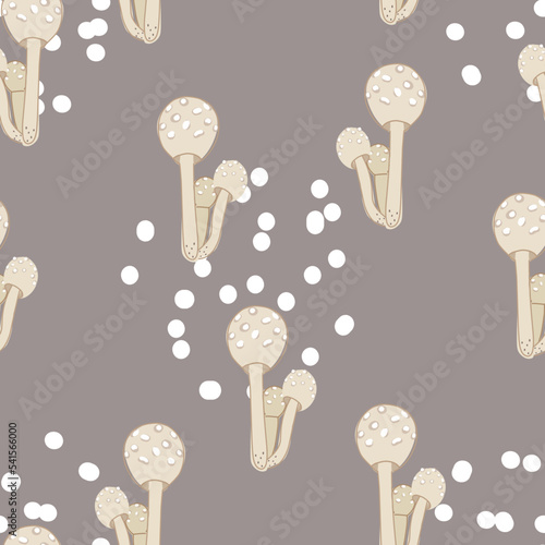 Forest seamless pattern with puffball mushroom on dark background in cartoon style