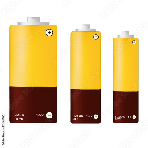 Batteries of type D, type AA, type AAA. Realistic vector drawing.