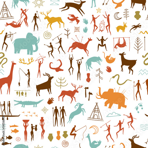 Rock paintings pattern. Prehistoric painted cave wall, stone age art of primitive people and cave drawings seamless vector Illustration