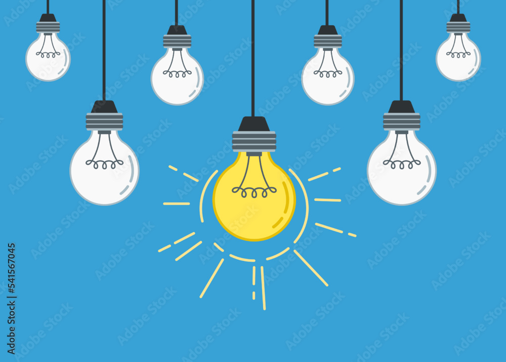 Unique idea. Hanging light bulbs with one glowing and shine. Working solution concept flat vector Illustration Unique idea. Hanging light bulbs with one glowing and shine. Working solution concept flat vector Illustration