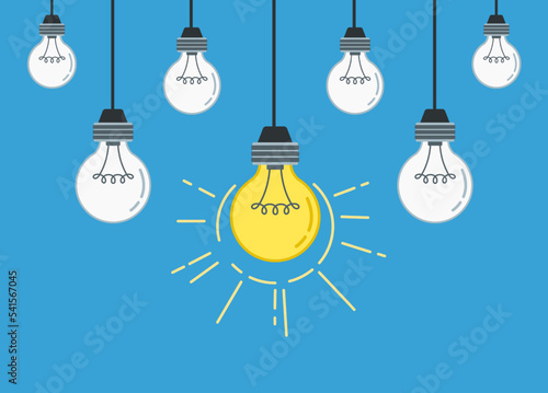 Unique idea. Hanging light bulbs with one glowing and shine. Working solution concept flat vector Illustration