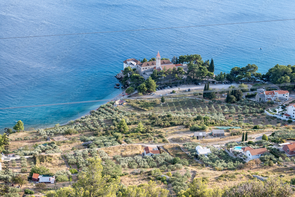 Amazing view from the mountain on town of Bol on Brac island and old dominican monastery and Martinica beach to the left