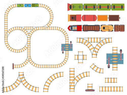 Top view railways. Tracks construction with toy trains above. Circle and line rails with trains above, railway barrier aerial view vector set