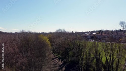 Rising aerial drone shot over trees reveals houses photo