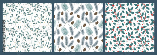 Christmas branches pattern. Holly and mistletoe branches with berries, pine with cones seamless vector backgrounds set