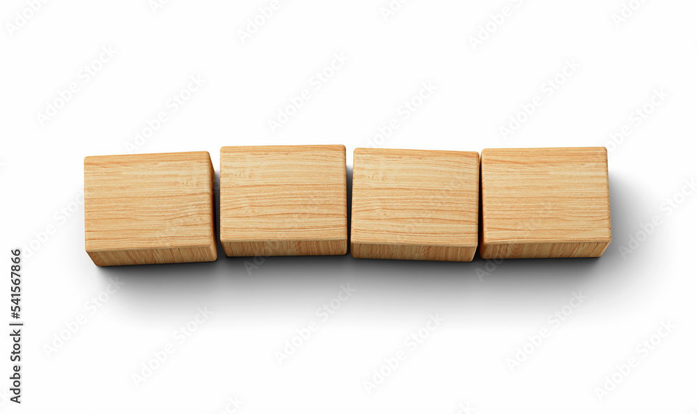 Four blank wooden block cubes on a white background for your text. free space for business concept 3d illustration