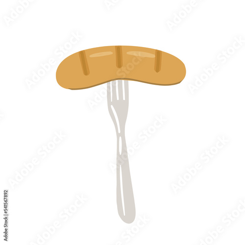 Grilled sausage on fork on white background, fast food vector Illustration