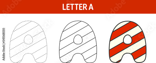 Letter A Candy Cane, tracing and coloring worksheet for kids
