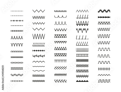 Sewing stitches zigzag seamless elements. Overlock embroidery seams. Vector. Set of machine thread sew brushes. Simple graphic illustration. Line border isolated on white background.