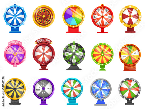 Fortune wheels. Lucky chance roulette wheel, spin to win circles and casino game elements vector Illustration set