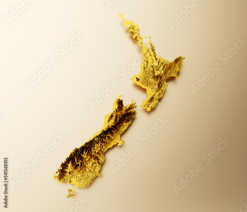 New Zealand Map Golden metal Color Height map Background 3d illustration