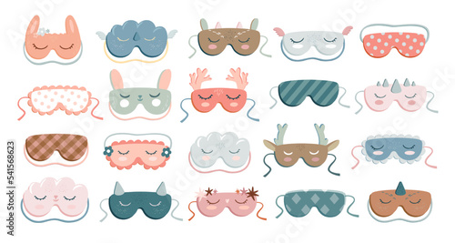 Cute sleep masks. Beauty eye cover accessories with animal faces and resting closed eyes, relax mask and blindfolds for sleeping cartoon vector set