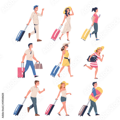 People Characters with Suitcases Going on Summer Vacation Having Journey Vector Set