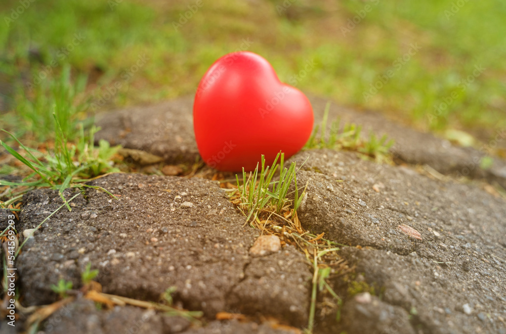 Obraz premium The heart stands on a crack in the asphalt - a symbol of discord in family relationships, divorce.