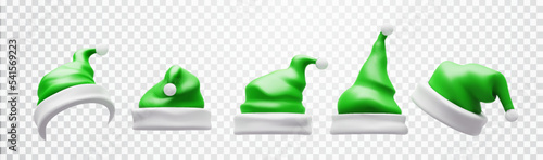 Green Santa hat collection isolated. Christmas holiday realistic accessory