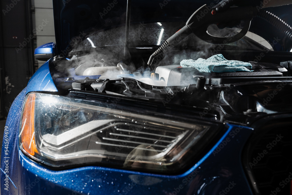 Steaming washing of motor of auto in detailing auto service. Process of steam cleaning car